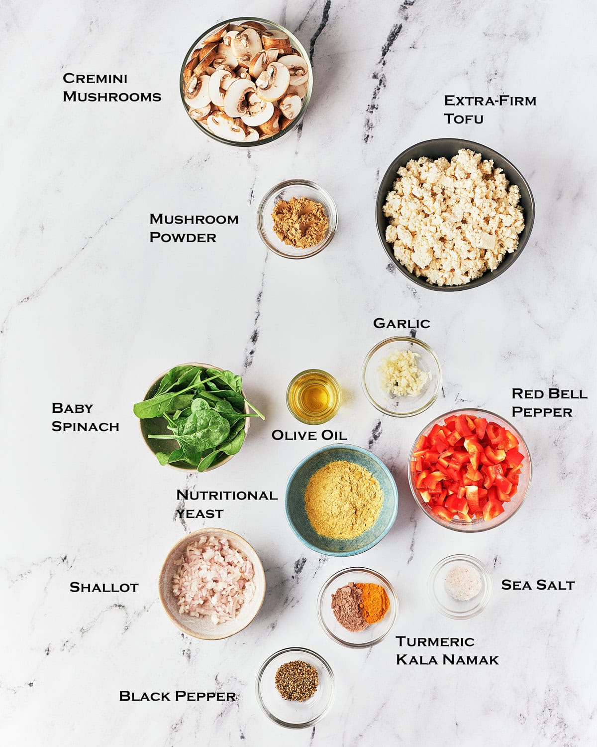 Ingredients to make vegan mushroom egg scramble with tofu.