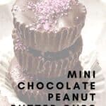 Pin for rich chocolate mini peanut butter cups with pink sprinkles, vegan-friendly, perfect for dessert lovers.